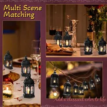 12 Pieces Mini Lanterns with Flickering LED Candle, Batteries Included, Decorative Hanging Candle Lantern for Indoor Use, Wedding, Party, Table Centerpiece (Black,)