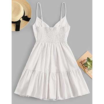 ZAFUL Women's Casual V Neck Summer Mini Dress Spaghetti Strap A-Line Short Dresses Backless Solid Color Sundress (A-f White,S)
