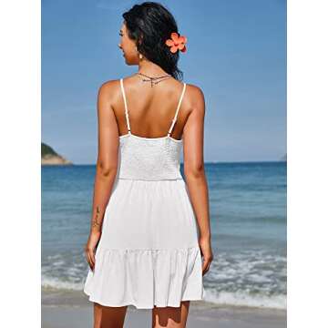 ZAFUL Women's Casual V Neck Summer Mini Dress Spaghetti Strap A-Line Short Dresses Backless Solid Color Sundress (A-f White,S)