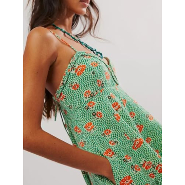 OFSOAK Women's Summer Casual Dress Adjustable Spaghetti Strap Floral Mini Dresses with Pockets Sundresses for Beach Green