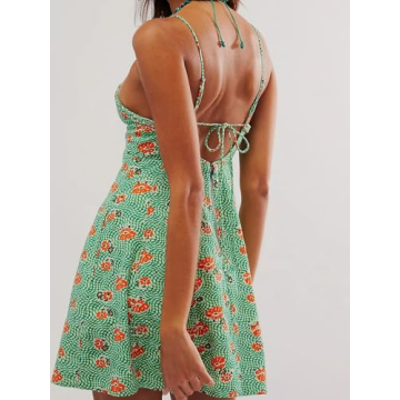 OFSOAK Women's Summer Casual Dress Adjustable Spaghetti Strap Floral Mini Dresses with Pockets Sundresses for Beach Green