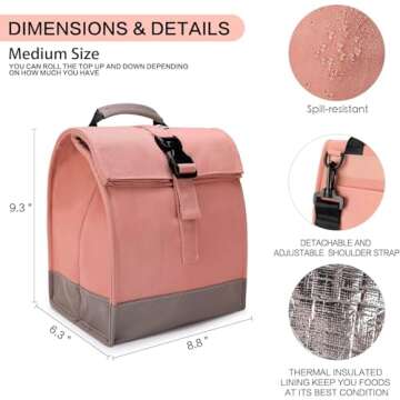 SUNNY BIRD Insulated Lunch Bag Pink Lunch Box Small Cooler Bag for Women, Girls, Adults and Teens (Pink with pink shoulder strap)