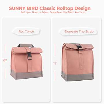 SUNNY BIRD Insulated Lunch Bag Pink Lunch Box Small Cooler Bag for Women, Girls, Adults and Teens (Pink with pink shoulder strap)