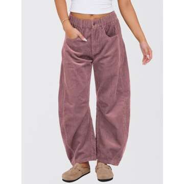 SeekMe Women's Corduroy Pants Barrel Mid-Rise Elastic Waist Cord Pants Casual Wide Leg Baggy Trouser...