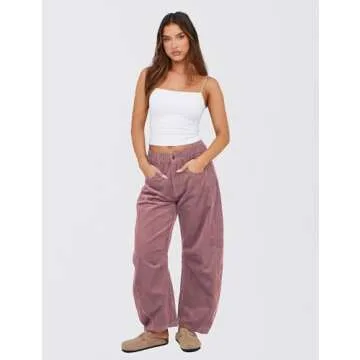 SeekMe Women's Corduroy Pants Barrel Mid-Rise Elastic Waist Cord Pants Casual Wide Leg Baggy Trouser with Pockets(0005-PastelViolet-XS)