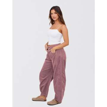 SeekMe Women's Corduroy Pants Barrel Mid-Rise Elastic Waist Cord Pants Casual Wide Leg Baggy Trouser with Pockets(0005-PastelViolet-XS)