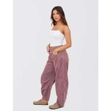 SeekMe Women's Corduroy Pants Barrel Mid-Rise Elastic Waist Cord Pants Casual Wide Leg Baggy Trouser with Pockets(0005-PastelViolet-XS)
