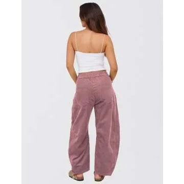 SeekMe Women's Corduroy Pants Barrel Mid-Rise Elastic Waist Cord Pants Casual Wide Leg Baggy Trouser with Pockets(0005-PastelViolet-XS)