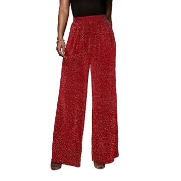 Women Elastic Waist Casual Long Pants Wide Leg Long Palazzo Trouser Red S