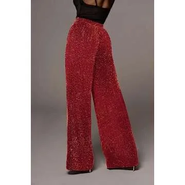 Women Elastic Waist Casual Long Pants Wide Leg Long Palazzo Trouser Red S