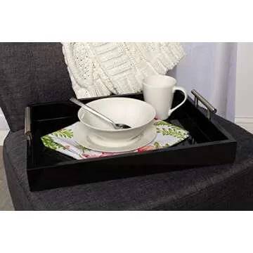 Kate and Laurel Lipton Decorative Tray with Polished Metal Handles, Black and Silver