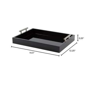 Kate and Laurel Lipton Decorative Tray with Polished Metal Handles, Black and Silver