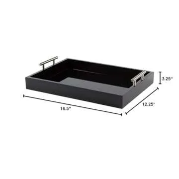 Kate and Laurel Lipton Decorative Tray with Polished Metal Handles, Black and Silver
