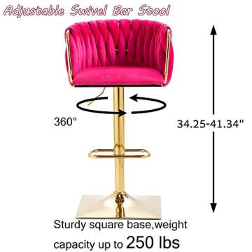 Homtique Bar Stool,Velvet Woven Bar Stools,Adjustable Counter Height Swivel Barstools with Low Back and Gold Base for Kitchen Island,Pub,Dining Room (2, Rose Red)