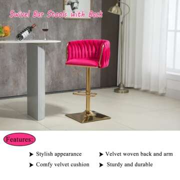Homtique Bar Stool,Velvet Woven Bar Stools,Adjustable Counter Height Swivel Barstools with Low Back and Gold Base for Kitchen Island,Pub,Dining Room (2, Rose Red)