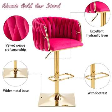 Homtique Bar Stool,Velvet Woven Bar Stools,Adjustable Counter Height Swivel Barstools with Low Back and Gold Base for Kitchen Island,Pub,Dining Room (2, Rose Red)