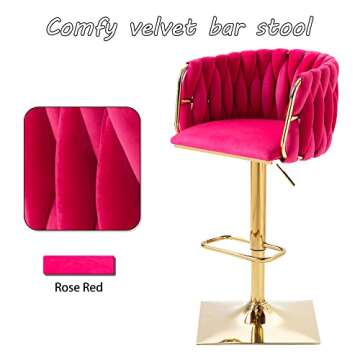 Homtique Bar Stool,Velvet Woven Bar Stools,Adjustable Counter Height Swivel Barstools with Low Back and Gold Base for Kitchen Island,Pub,Dining Room (2, Rose Red)