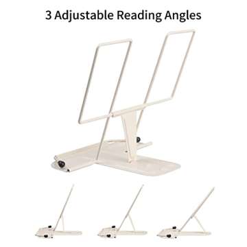 Metal Book Stand for Desk, Adjustable Reading Rest Book Holder, Portable Cookbook Documents Holder, Sturdy Typing Stand for Recipes Textbooks Tablet Music Books with Page Clips (Milky White)