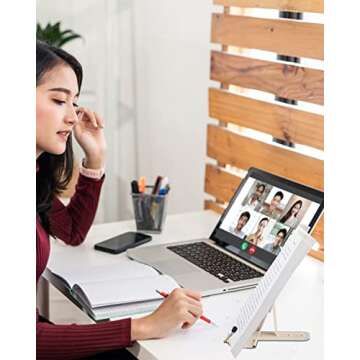 Metal Book Stand for Desk, Adjustable Reading Rest Book Holder, Portable Cookbook Documents Holder, Sturdy Typing Stand for Recipes Textbooks Tablet Music Books with Page Clips (Milky White)