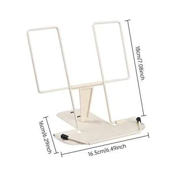 Metal Book Stand for Desk, Adjustable Reading Rest Book Holder, Portable Cookbook Documents Holder, Sturdy Typing Stand for Recipes Textbooks Tablet Music Books with Page Clips (Milky White)