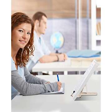 Metal Book Stand for Desk, Adjustable Reading Rest Book Holder, Portable Cookbook Documents Holder, Sturdy Typing Stand for Recipes Textbooks Tablet Music Books with Page Clips (Milky White)