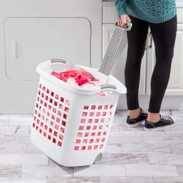Laundry Hamper Portable White 62 Liter with Retractable Handle & Gliding Wheels Made in USA
