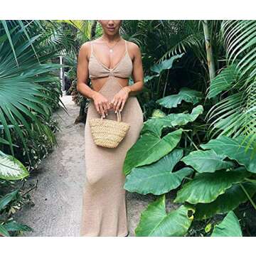 Remelon Womens Sexy Cut Out Casual Summer Beach Long Dress Knitted Spaghetti Strap/Halter Neck Backless Club Party Maxi Dresses Khaki