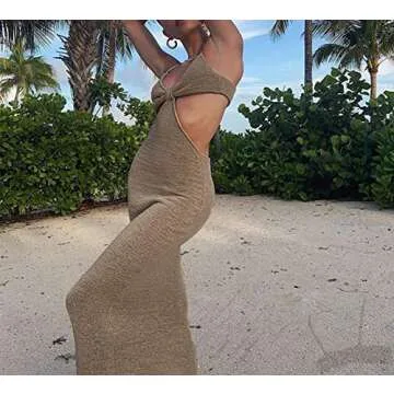 Remelon Womens Sexy Cut Out Casual Summer Beach Long Dress Knitted Spaghetti Strap/Halter Neck Backless Club Party Maxi Dresses Khaki