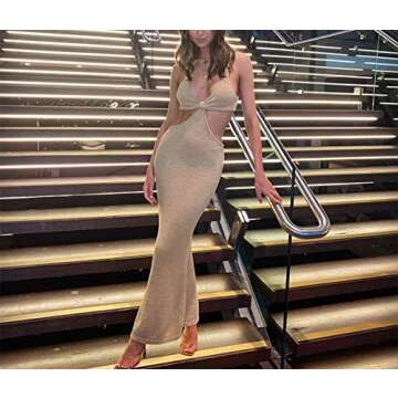Remelon Womens Sexy Cut Out Casual Summer Beach Long Dress Knitted Spaghetti Strap/Halter Neck Backless Club Party Maxi Dresses Khaki
