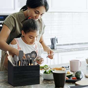 Y&ME YM Utensil Holder for Kitchen Counter, Wood Utensil Organizer with 2 Compartments, Utensil Caddy and Silverware Organizer for Kitchen Decor, Black Kitchen Accessories