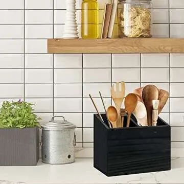 Y&ME YM Utensil Holder for Kitchen Counter, Wood Utensil Organizer with 2 Compartments, Utensil Caddy and Silverware Organizer for Kitchen Decor, Black Kitchen Accessories