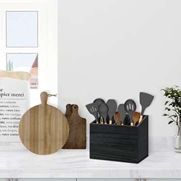 Y&ME YM Utensil Holder for Kitchen Counter, Wood Utensil Organizer with 2 Compartments, Utensil Caddy and Silverware Organizer for Kitchen Decor, Black Kitchen Accessories