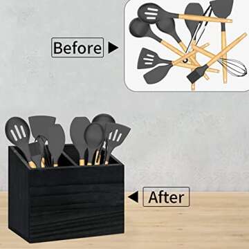 Y&ME YM Utensil Holder for Kitchen Counter, Wood Utensil Organizer with 2 Compartments, Utensil Caddy and Silverware Organizer for Kitchen Decor, Black Kitchen Accessories