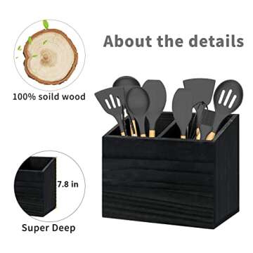 Y&ME YM Utensil Holder for Kitchen Counter, Wood Utensil Organizer with 2 Compartments, Utensil Caddy and Silverware Organizer for Kitchen Decor, Black Kitchen Accessories