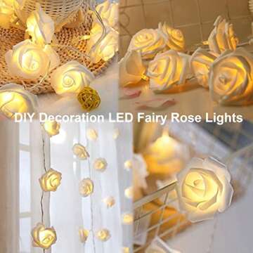 echosari [Updated Version Battery Operated 15 ft 30 LED White Rose Flower Fairy String Lights with Remote for Valentine's, Wedding, Bedroom, Indoor Decoration (Dimmable, Timer, 8 Modes, Warm White)