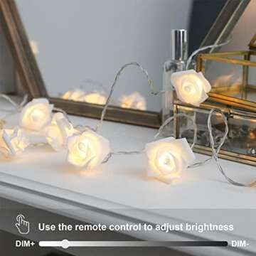 echosari [Updated Version Battery Operated 15 ft 30 LED White Rose Flower Fairy String Lights with Remote for Valentine's, Wedding, Bedroom, Indoor Decoration (Dimmable, Timer, 8 Modes, Warm White)