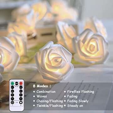 echosari [Updated Version Battery Operated 15 ft 30 LED White Rose Flower Fairy String Lights with Remote for Valentine's, Wedding, Bedroom, Indoor Decoration (Dimmable, Timer, 8 Modes, Warm White)