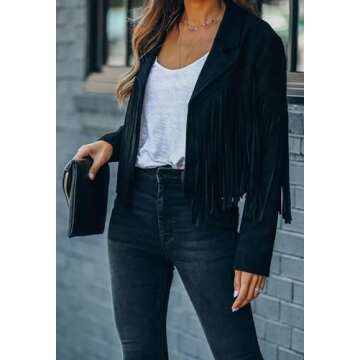 CHARTOU Casual Faux Leather Jacket Women Motorcycle Jacket Fringe Cropped Jacket Utility Tassel Sued...