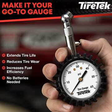TIRETEK Tire Pressure Gauge for Cars (0-60 PSI, ANSI Certified) Air Pressure Gauges for Tires - Car Accessories for Men, Accurate Automobile Analog Circular Dial Low PSI Checker Tester