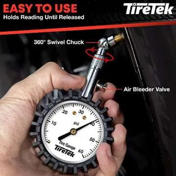TIRETEK Tire Pressure Gauge for Cars (0-60 PSI, ANSI Certified) Air Pressure Gauges for Tires - Car Accessories for Men, Accurate Automobile Analog Circular Dial Low PSI Checker Tester