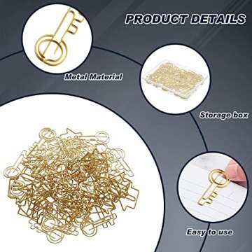 Gueevin 102 Pack Clips Office Supplies 50 Pcs House Shaped Paper Clips 50 Pcs Key Shaped Wire Paper Pins with 2 Clear Storage Box for Agent Office Home Classroom Desk Accessories Gift(Gold)