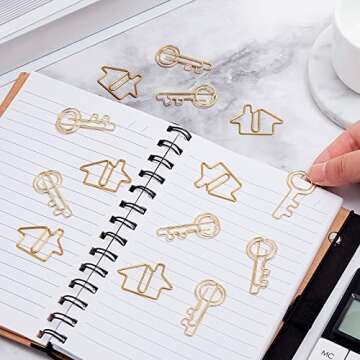 Gueevin 102 Pack Clips Office Supplies 50 Pcs House Shaped Paper Clips 50 Pcs Key Shaped Wire Paper Pins with 2 Clear Storage Box for Agent Office Home Classroom Desk Accessories Gift(Gold)
