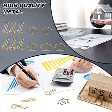 Gueevin 102 Pack Clips Office Supplies 50 Pcs House Shaped Paper Clips 50 Pcs Key Shaped Wire Paper Pins with 2 Clear Storage Box for Agent Office Home Classroom Desk Accessories Gift(Gold)
