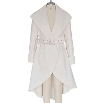 SAUKOLE Women's Winter Wool Trench Coat Wrap Large Collar High Low Jacket Outwear with Belt