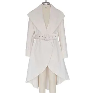 SAUKOLE Women's Winter Wool Trench Coat Wrap Large Collar High Low Jacket Outwear with Belt