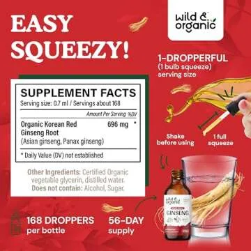 Wild & Organic Korean Panax Ginseng Extract Liquid - Red Ginseng Root Supplement for Overall Well-Being - Immune Support Drops - Vegan, Sugar & Alcohol-Free Tincture - 4 fl oz