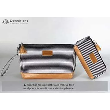Denniriort Large Travel Makeup Bag with Small Cosmetic Pouch for Purse, Makeup Clutch and Toiletries Organizer for Women (Black and White Stripe)
