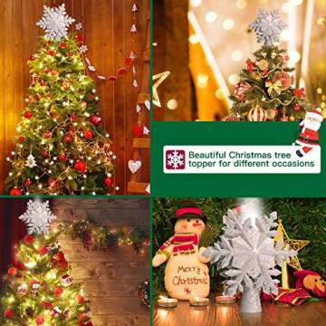 DG-Direct Christmas Tree Topper Lighted with Silver Snowflake Projector, Led Rotating Magic Snowflake, 3D Hollow Glitter Lighted Silver Snow Tree Topper for Christmas Tree Decorations