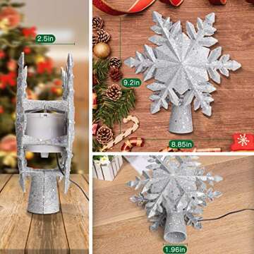 DG-Direct Christmas Tree Topper Lighted with Silver Snowflake Projector, Led Rotating Magic Snowflake, 3D Hollow Glitter Lighted Silver Snow Tree Topper for Christmas Tree Decorations