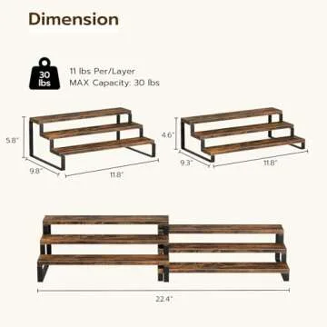 TEMI 3 Tier Spice Rack Organizers - 11.8 Inches Expandable Cabinet Organizers for Kitchen Organization, Rustic Brown Wood and Metal Tiered Shelves for Jars and Spices, Easy to Assemble, Set of 2